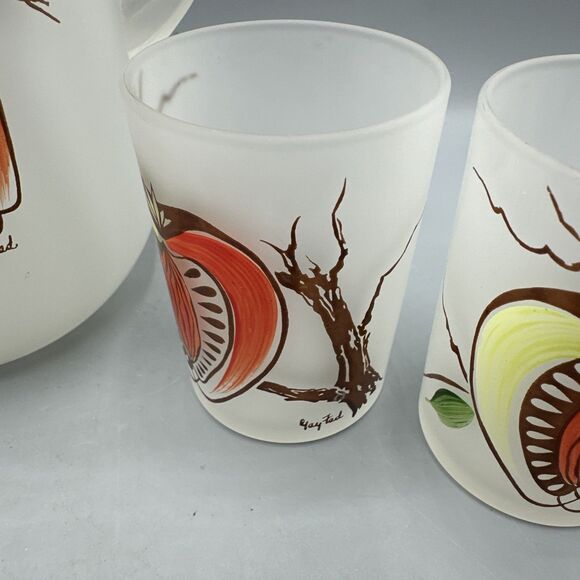 Vintage Gay Fad Hazel Atlas Frosted Pitcher Glass Set Stone Fruit Hand-Painted - Picture 11 of 11